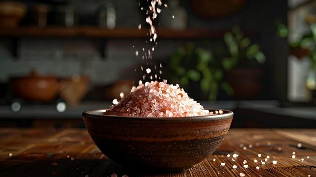 Pink Himalayan Salt Crystals Poured Into Rustic Bowl on Wooden Table with Kitchen Background Soft Focus