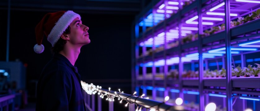 A young man in a Santa hat looks up at a futuristic vertical farm with purple LED lights. Christmas holiday in a modern hydroponics greenhouse. Agritech and sustainable food concept
