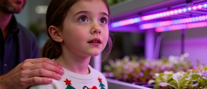 Curious young girl with her father learning about vertical farming. Child looking at plants under led grow lights in a modern hydroponic setup. Agritech and STEM education concept - Powered by Adobe