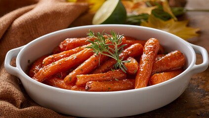 Maple Honey Glazed Baby Carrots Thanksgiving Side Dish in White Oval Dish with Herbs and Warm Autumn Backdrop