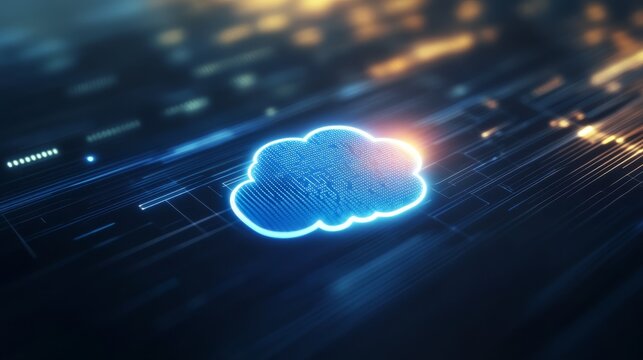 Advanced cloud computing logo design integrated with digital circuit board technology for data storage and network infrastructure.