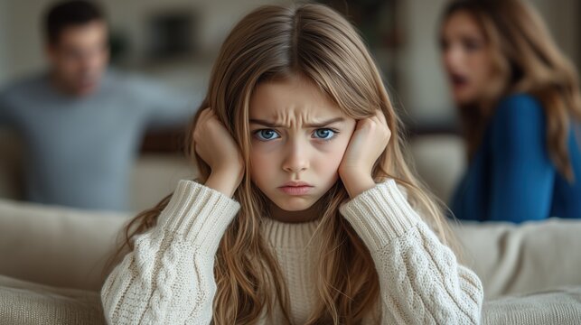 Sad girl covering her ears while parents shout in the background. Strong concept of family problems, conflict, divorce, emotional stress, and the impact of parental arguments on children