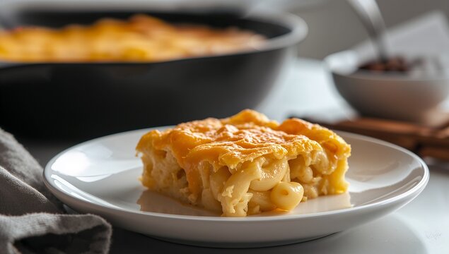 Homemade Macaroni and Cheese Thanksgiving Side Dish with Golden Melted Cheddar Served on White Plate with Skillet Background