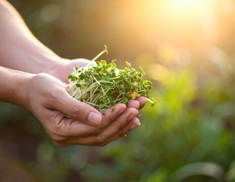 Hands holding fresh microgreens with sunlight in the background