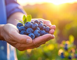 Freshly picked blueberries held in cupped hands with a beautiful sunset glow