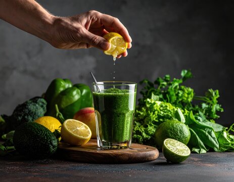 Fresh green smoothie with lemon juice being squeezed into the glass