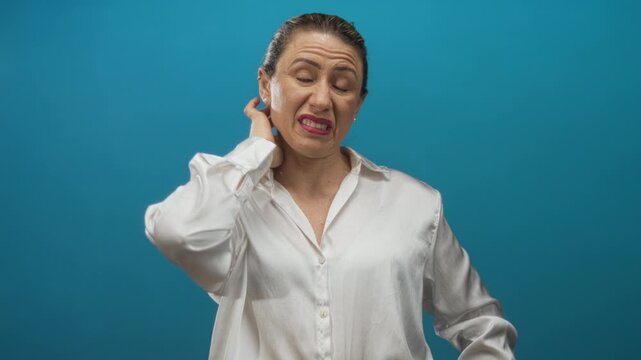 Woman with blonde hair grimaces and holds neck with hand in studio against teal backdrop; discomfort.
