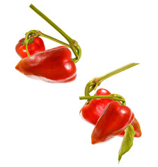 two detailed groupings of vibrant red mini sweet peppers with long green stems, isolated on a clean transparent background for easy compositing.