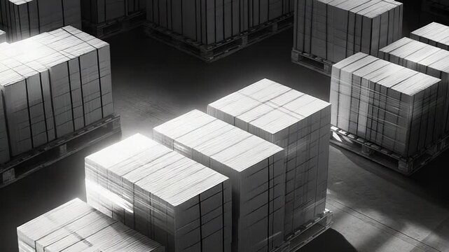 Stacks of white paper reams on pallets in warehouse