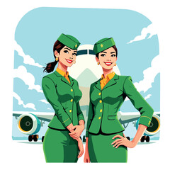 Vsai flight attendants in green uniforms standing near airplane
