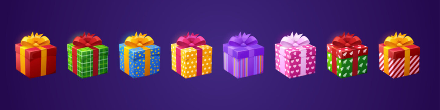 Gift boxes 3d birthday presents in paper and bows