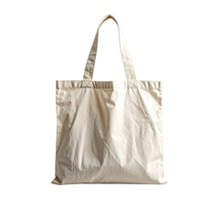 Plain, off-white reusable tote bag with handles against black background