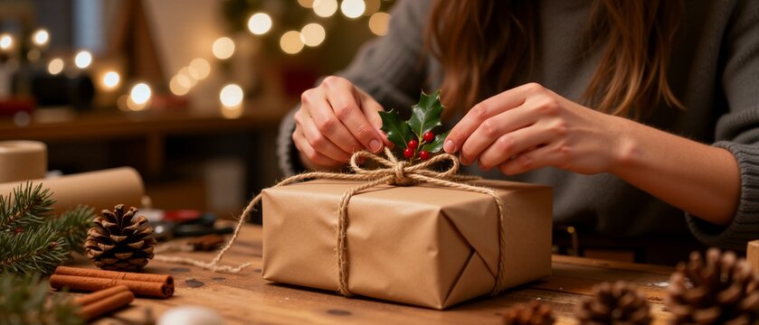 A woman decorates a Christmas gift wrapped in brown paper with a sprig of holly. Festive holiday preparation with natural materials. Cozy winter celebration banner - Powered by Adobe