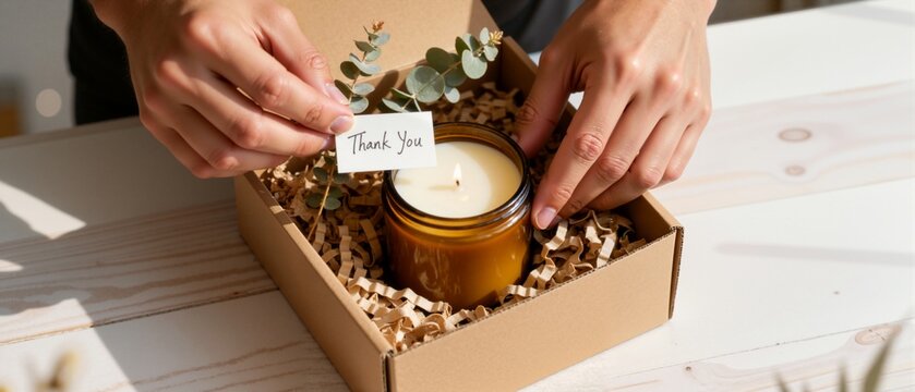 Hands packing a lit candle in a gift box with a thank you note. Small business preparing an order for a customer. Handmade present with a personal touch