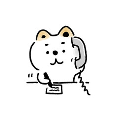 電話をとりながらメモをする白い柴犬