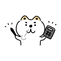 ペンと電卓を持ってやる気満々な白い柴犬