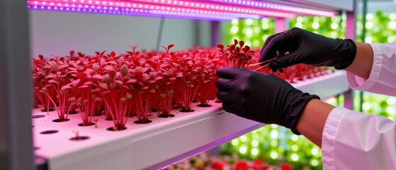 Worker in gloves harvesting red microgreens in a vertical farm. Modern hydroponic cultivation under LED grow lights. Agritech and sustainable urban farming concept