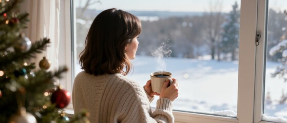 Woman with a steaming coffee mug looking out a window at a snowy winter landscape. Cozy holiday morning at home next to a Christmas tree