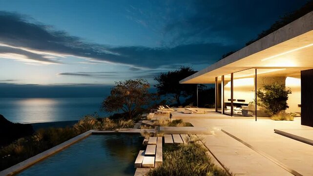 Luxury coastal villa featuring infinity pool at sunset