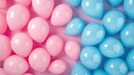 Close-up of pink and blue balloons clustered together, representing gender reveal or celebration concept.