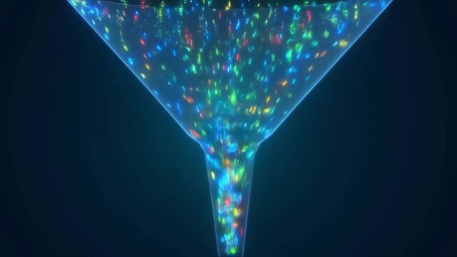Glowing data particles flowing through a digital funnel being sorted by color and speed concept of data filtering and processing