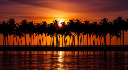 Fiery sunset paints the sky over a silhouetted palm tree lined coast with calm water reflecting the vibrant colors.