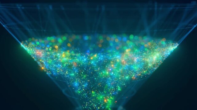 Glowing data particles flowing through a digital funnel being sorted by color and speed concept of data filtering and processing - Powered by Adobe