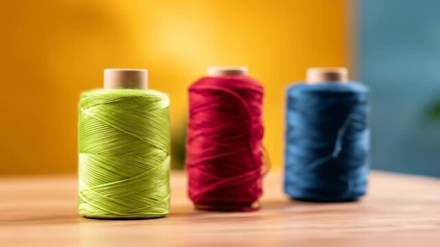 Vibrant green thread spool on wooden table with colorful blurred background