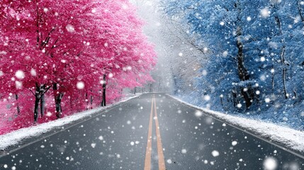 冬の雪と紅葉が美しい長い道