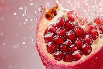 A vibrant pomegranate bursting with juicy red seeds, set against a backdrop of a pinkish-red wall.