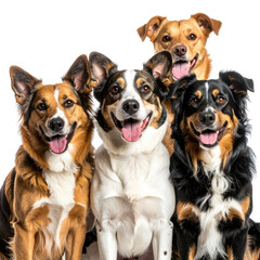 Happy pack Five dogs are sitting together, smiling with their tongues out