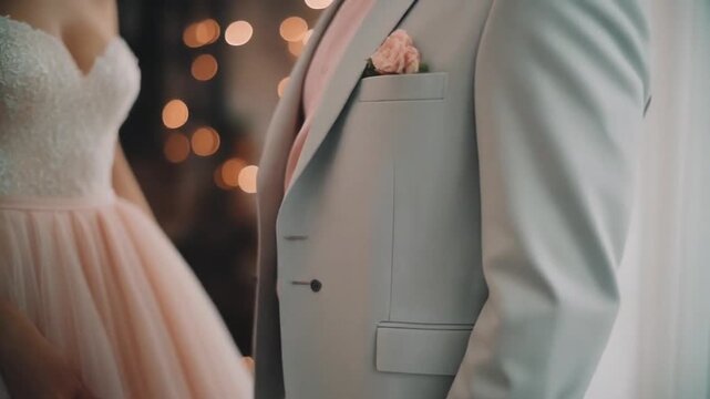 A side-angle glide capturing pastel-themed wedding outfits: a soft-blush bridal dress and a light-toned groom&rsquo;s suit. Gentle bokeh and airy lighting give a refined, exclusive, and romantic cinematic f