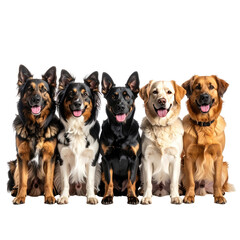 Five dogs sitting in a row, smiling and panting in front of a black background