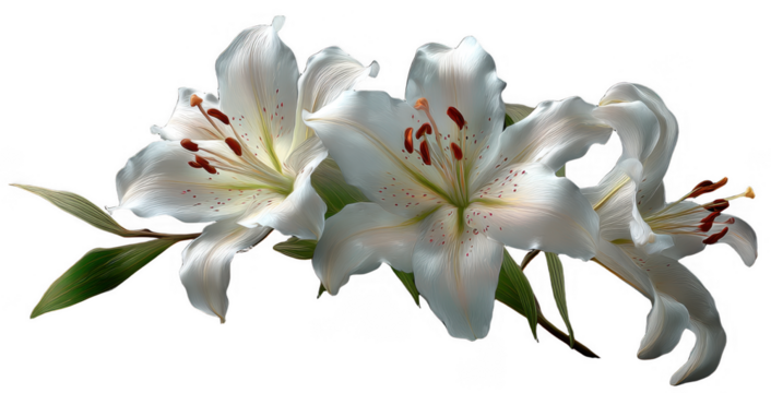 A close-up of elegant white lilies with delicate petals and prominent stamens, showcasing their natural beauty and intricate details