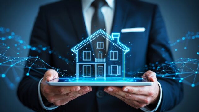 A business professional holds a tablet displaying a digital house model, symbolizing real estate technology and innovation in property management.