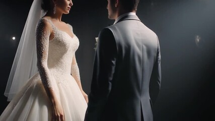 A dramatic side-angle reveal of couture wedding designs: a hand-beaded bridal dress and a finely tailored groom’s suit. Spotlight edges create depth, texture, and a premium runway-like presentation
