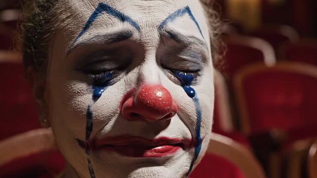 A distressed clown with smeared makeup cries in an empty theater
