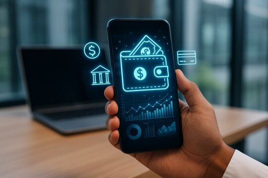 Digital wallet interface with neon hologram icons for finance, banking, and mobile payments displayed on smartphone in hand over office background. Ai generative