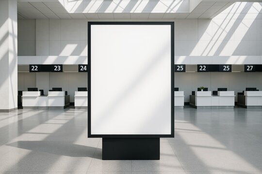 Blank vertical advertisement billboard in spacious modern airport terminal with check-in counters and sunlight casting shadows on the floor. Ai generative