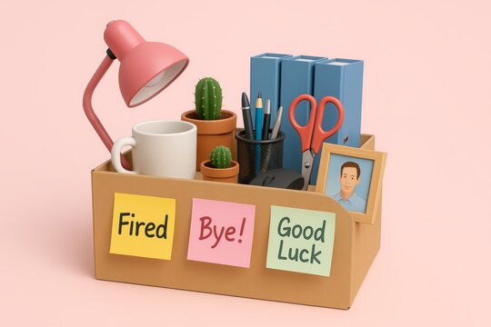 Office items in cardboard box with farewell notes including Fired, Bye, and Good Luck symbolizing job loss or resignation on soft pink background. Ai generative - Powered by Adobe