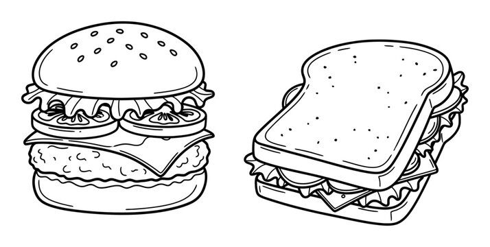 Burger and Sandwich Doodle Icons, Minimalist Vector Line Art for Food Design