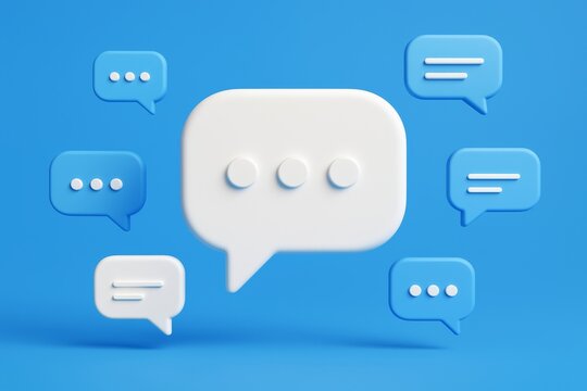 Abstract 3D speech bubbles with message icons floating on blue background representing communication and chat concepts in a digital environment. Ai generative