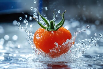 A vibrant red tomato is suspended in mid-air, splashing water droplets around it as it falls. The background is a blurred cityscape with buildings and cars, suggesting a bustling urban environment.