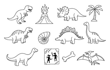Fototapeta premium Minimalist Dinosaur & Prehistoric Symbols Doodle - Black Line Art Vector