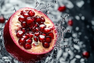 A vibrant pomegranate bursting with juicy red seeds, set against a stark black background that accentuates its rich color and texture.