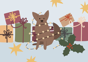 Illustration of dog tangled in Christmas lights among wrapped gifts and holly leaves. Festive winter atmosphere with stars, ribbons, boxes conveys warmth, fun and cozy New Year spirit. Flat vector art