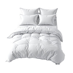 Cozy white bedding pillows, comforter, blanket, and sheets on bed