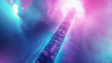 Futuristic cyberpunk city tower piercing vibrant neon clouds - Powered by Adobe