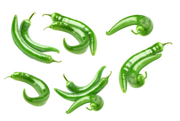 dynamic photograph capturing several glossy green chili peppers scattered and floating,...