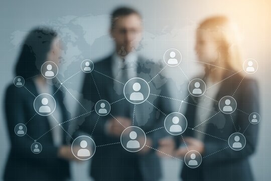 Business professionals network with digital connection icons and global map overlay in conceptual office background representing global teamwork concept. Ai generative